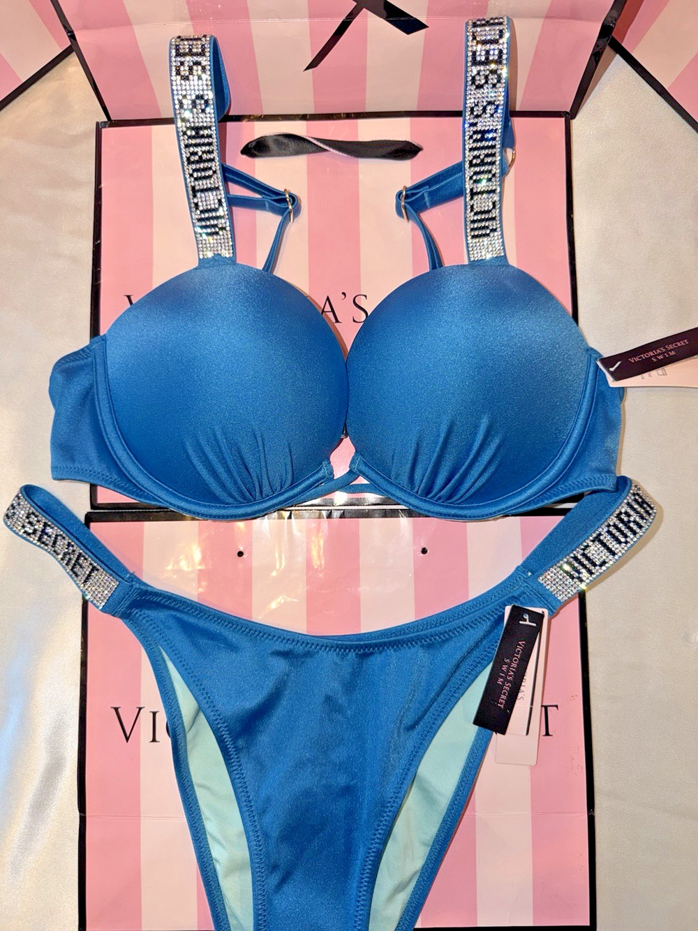Victorias Secret Bombshell Swimsuit Shine Strap 34B Large Bottoms Blue $99